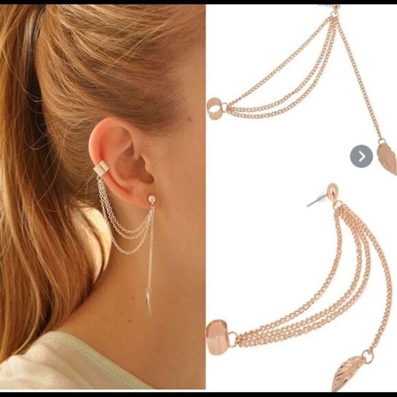 Leaf chain tassel dangle ear cuff, gold, earring - Picture 1 of 3